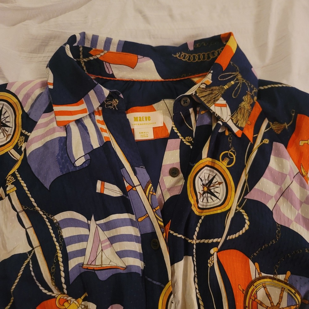 Maeve by Anthropologie Nautical Print Button Down Shirtdress w/Waist Tie Small - Picture 4 of 4